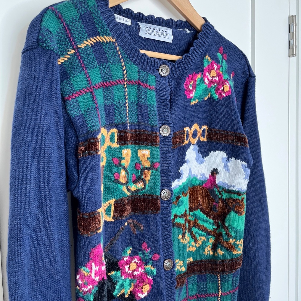 Vintage Equestrian Embroidered Patchwork Cardigan by Jantzen Classics - Picture 2 of 12